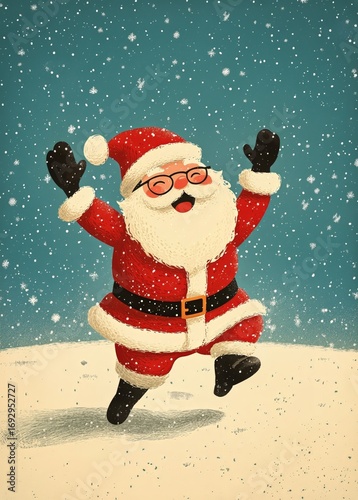 Santa Claus Joyfully Celebrating in Snowy Landscape With Falling Snowflakes