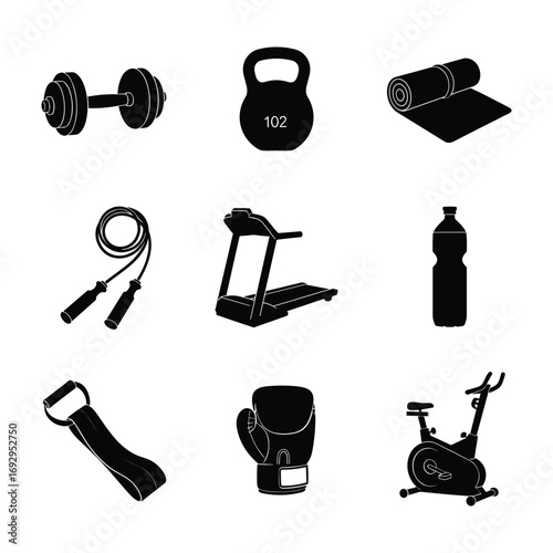 Collection of black fitness equipment icons on white background dumbbell kettlebell