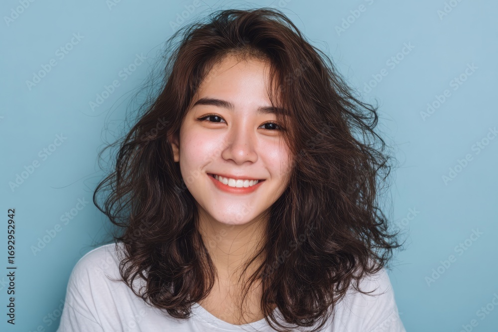 Fototapeta premium A young woman with a joyful expression and voluminous curly hair smiles warmly against a light blue background.