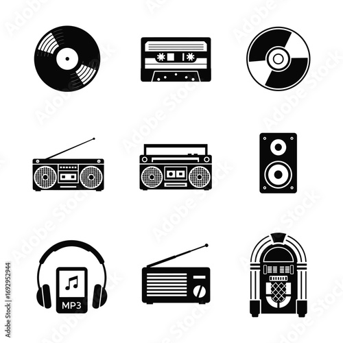 Black and white icons of vintage and modern audio equipment and music formats