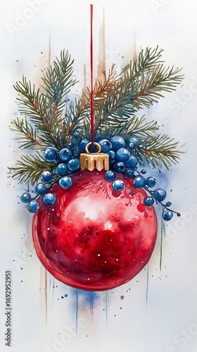 Red Christmas Ornament Hanging From Pine Branch With Blue Berries Against a L...