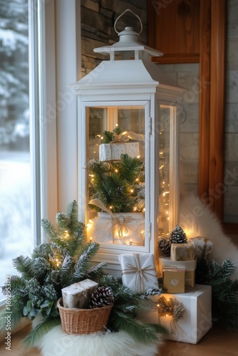 Decorative Winter Lantern With Presents and Greenery Near a Snowy Window