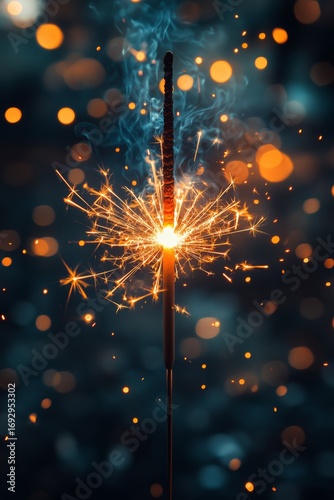 Sparkler Shining Brightly at Night During a Celebration or Gathering in a Blu...