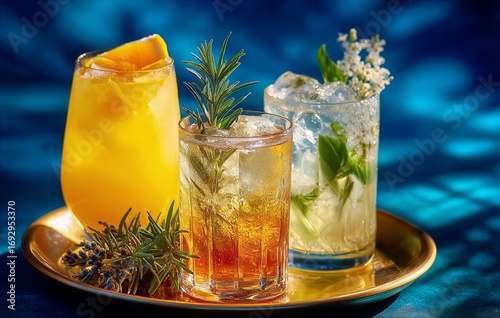 Colorful Mixed Drinks on a Metallic Tray With Herbs and Floral Accents in Bri...
