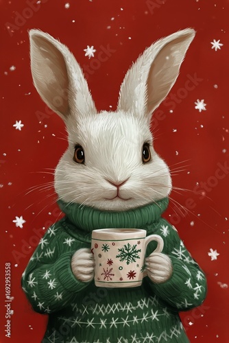 Cute Rabbit in a Cozy Sweater Holding a Festive Mug Against a Red Background ...