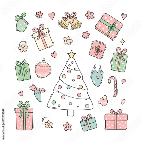 Hand drawn cute pastel christmas tree gifts bells and ornaments gift box present