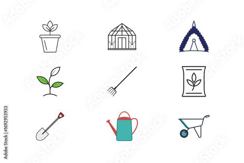 Collection garden icons plant pot greenhouse rake seeds shovel watering can wheelbarrow