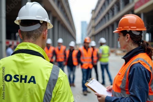 OSHA Inspector Conducting Safety Check at a Construction Site with Workers in the Background