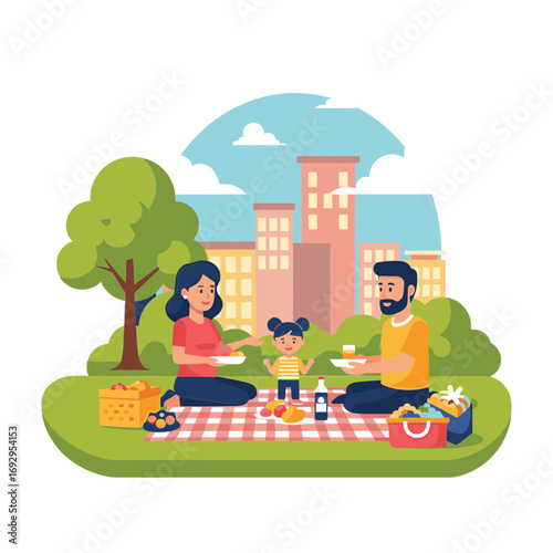 Family enjoying a picnic in a park with city buildings in the background outdoor food