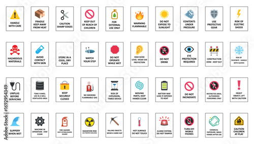 Comprehensive Collection of Safety Warning Signs, Hazard Symbols and Prohibition Icons for Workplace, Industrial, and Product Safety, Vector Graphic Illustration Set