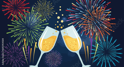 A celebratory toast with two clinking champagne glasses against a vibrant colorful fireworks display.