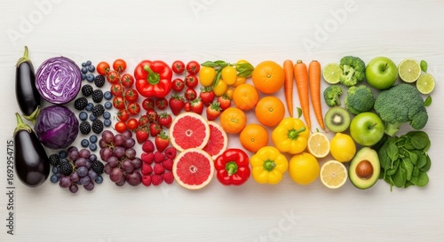 An overhead view of assorted fresh fruits and vegetables meticulously arranged by color in a horizontal gradient on a light-toned wooden surface