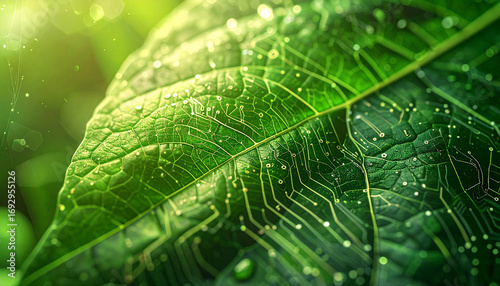 Nature and Technology: A fusion of nature and technology, presenting a verdant leaf intricately overlaid with a circuit board pattern.