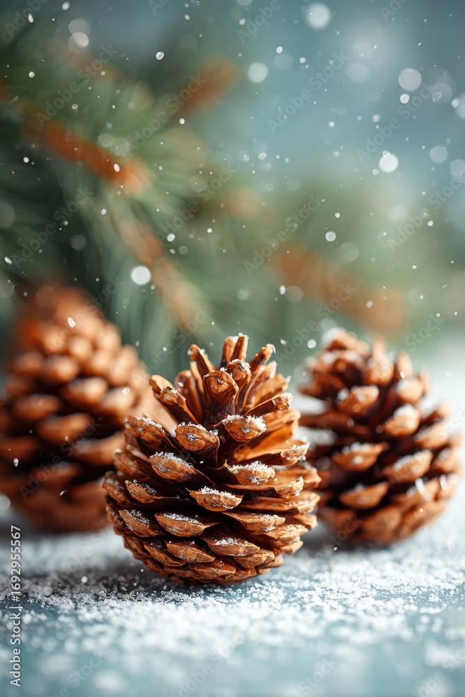 Fototapeta premium Snow-dusted pine cones in winter setting