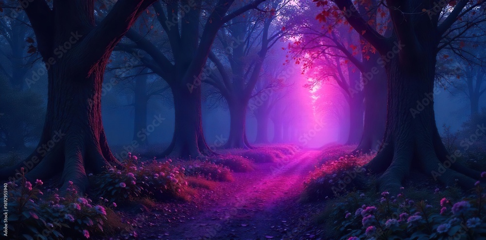 Fototapeta premium Ethereal glowing forest path at twilight, mystical light illuminates ancient trees and sparkling flora, magical atmosphere, fantasy landscape , fantasy, magical