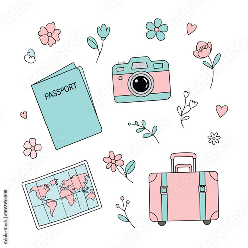 Cute travel icons passport camera map suitcase and flowers in pastel colors vacation holiday