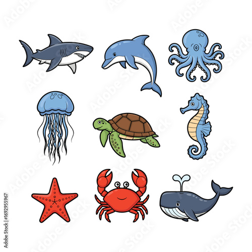 Collection of cartoon sea creatures including shark dolphin octopus jellyfish turtle seahorse starfish crab and whale