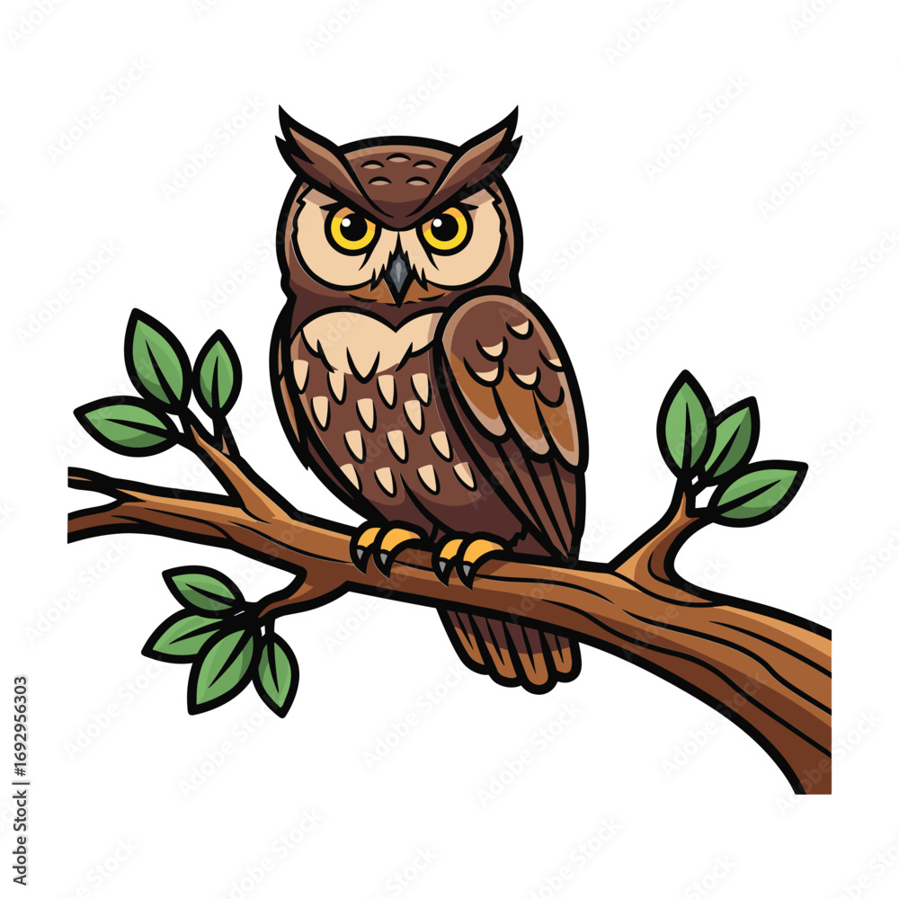 Obraz premium Cartoon owl with yellow eyes perched on a brown tree branch with green leaves bird illustration