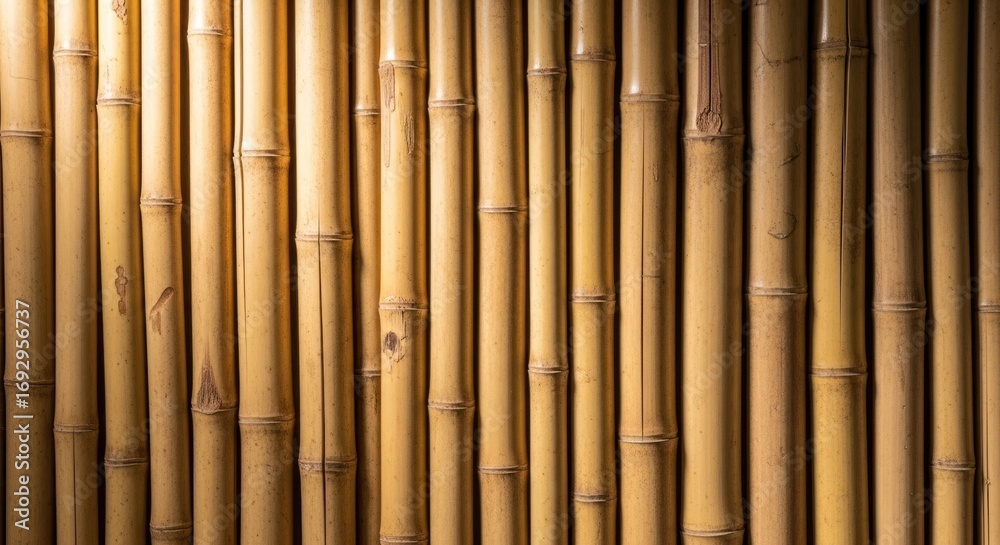 Fototapeta premium Vertical arrangement of bamboo stalks creating a textured, natural background with warm tones.