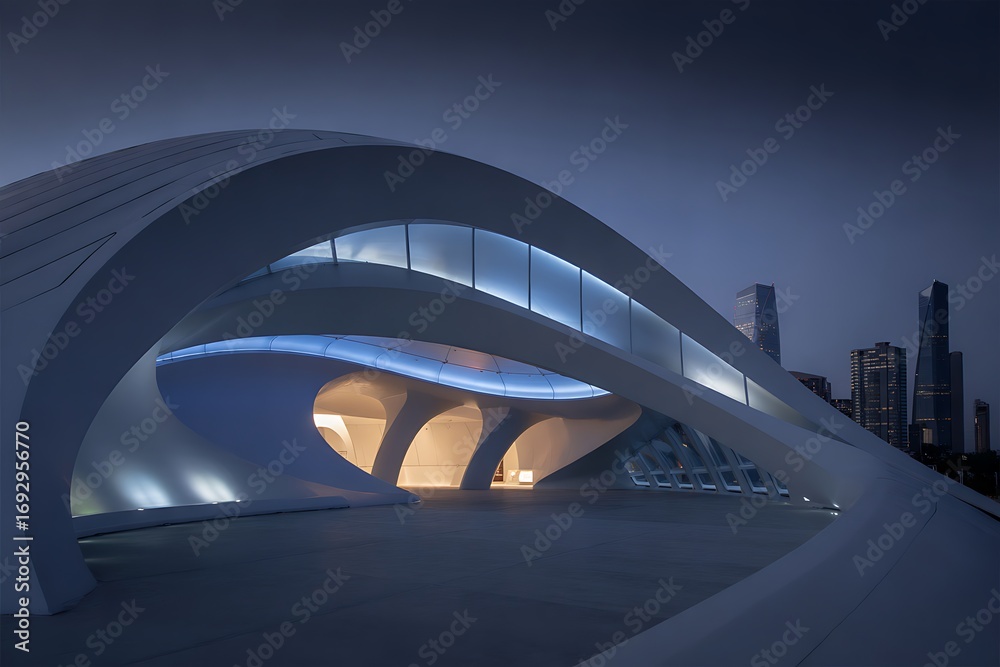 Fototapeta premium A Stunning Architectural Masterpiece: The Contemporary Design of the Modern White Building at Dusk
