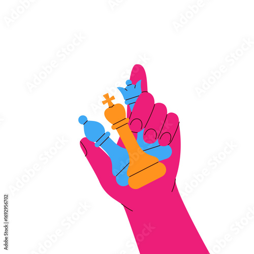 Pink hand holding colorful chess pieces king queen and bishop symbolizing control power and complex strategy