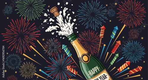 Exploding Champagne Bottle with Happy New Year Label.