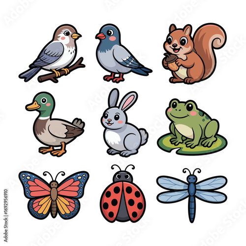 Nine cartoon animals including a sparrow pigeon squirrel duck rabbit frog butterfly ladybug and dragonfly