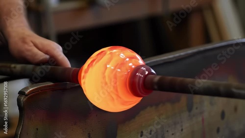 Hands molding molten glass on a spinning blowpipe, camera orbit and subtle depth shifts.