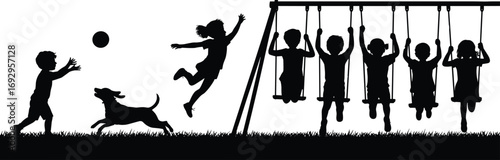 Children playing with dog on playground, swinging, running, catching ball, outdoor activity fun, silhouette of kids enjoying sunny day
