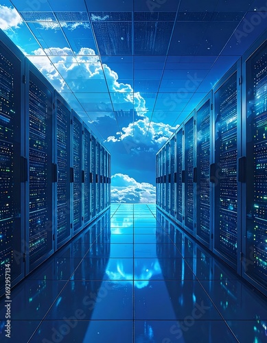 High-tech server room, reflecting clouds