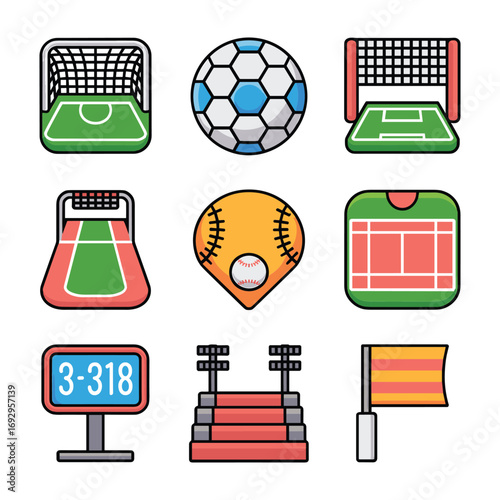 Nine colorful sports icons including soccer goal baseball tennis court scoreboard and flag soccer field