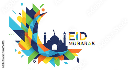 Festive Eid Mubarak crescent moon and mosque graphic with colorful geometric shapes.