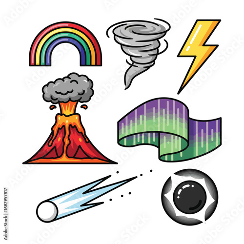Collection of cartoon weather phenomena and celestial events rainbow tornado