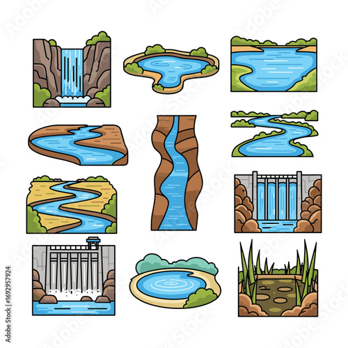 Collection of nine illustrated water features and dams waterfall river
