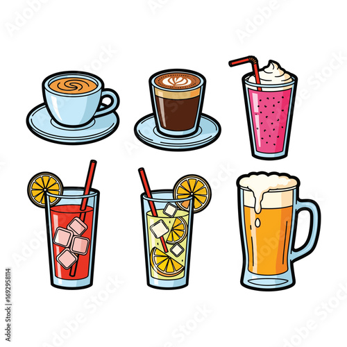 Six colorful cartoon drinks including coffee latte and beer espresso cappuccino
