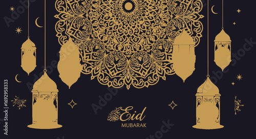 Golden intricate Islamic mandala hanging lanterns crescent moons stars and elegant Eid Mubarak calligraphy.