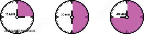 Three clocks showing different times with shaded portions representing fractions of an hour