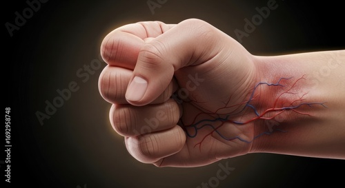Close-up of a clenched fist, anatomical detail of veins and arteries visible on the forearm.