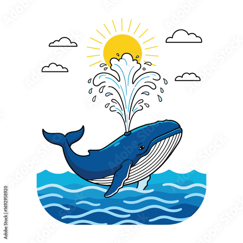 Blue whale spouting water under a yellow sun with stylized clouds and ocean waves water spray