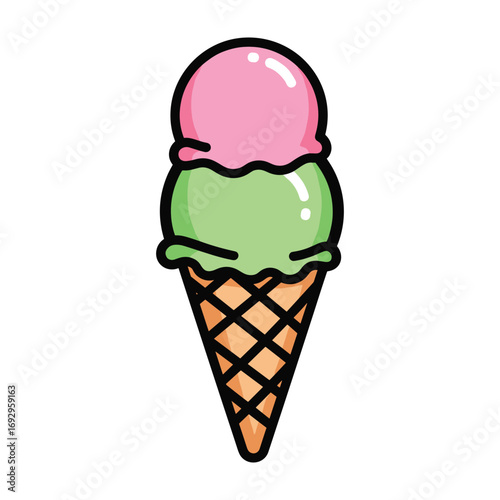 Pink and green double scoop ice cream cone illustration pink ice cream green ice cream
