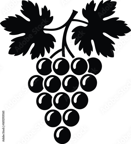 Grape Cluster Silhouette Vector Illustration with Detailed Leaves and Berry Arrangement
