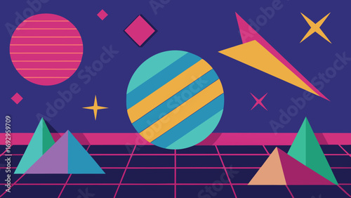 Retro 80s Sci Fi Landscape With Geometric Shapes And Grid vector illustration