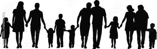 Silhouette of Families Holding Hands, Generations Together, Parents with Children, Unity, Love, Togetherness, Community, White Background, Family Bond