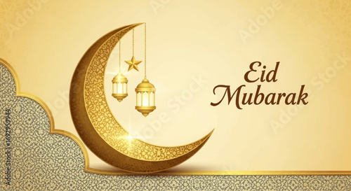 Ornate Golden Crescent Moon with Hanging Lanterns and Eid Mubarak Greeting.