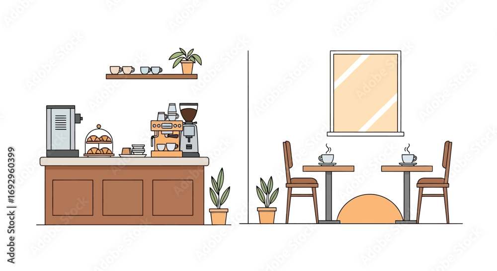 Obraz premium Cozy Cafe Interior with Tables, Chairs, Coffee Machine, and Pastries