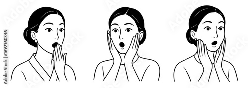 Set of three drawings with woman looking surprised