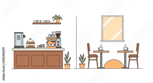 Cozy Cafe Interior with Tables, Chairs, Coffee Machine, and Pastries