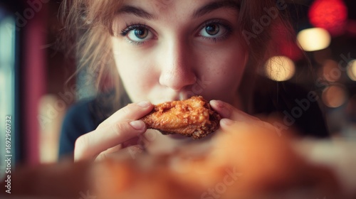A contemplative young Caucasian woman savors fiery fried chicken, embracing International Hot & Spicy Food Day with gusto