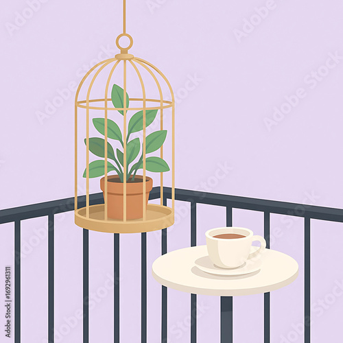 Minimalist balcony scene with a potted houseplant inside a decorative golden birdcage and a cup of coffee on a table, a concept of tranquility and home comfort
