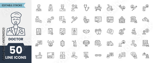 Doctor vector icon set. Medical related icons nurse, surgeon, patient, medicine, health care, physician hospital and more. Editable stroke. Vector illustration